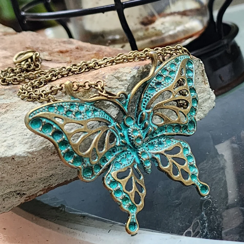 Anthro Insects Jewelry Antique Gold Bronze Butterfly Large Pendant